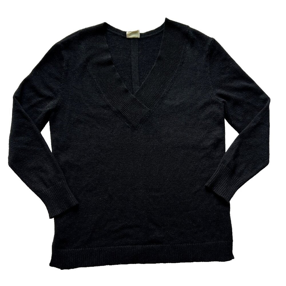 Black Anthropologie Rayon/Poly/Nylon Sweater Deep V Neck Side Slit